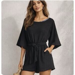 Anthropologie Med Francesca Balloon Slv Blk Textrd Upscale Lined Pkts Elas Waist